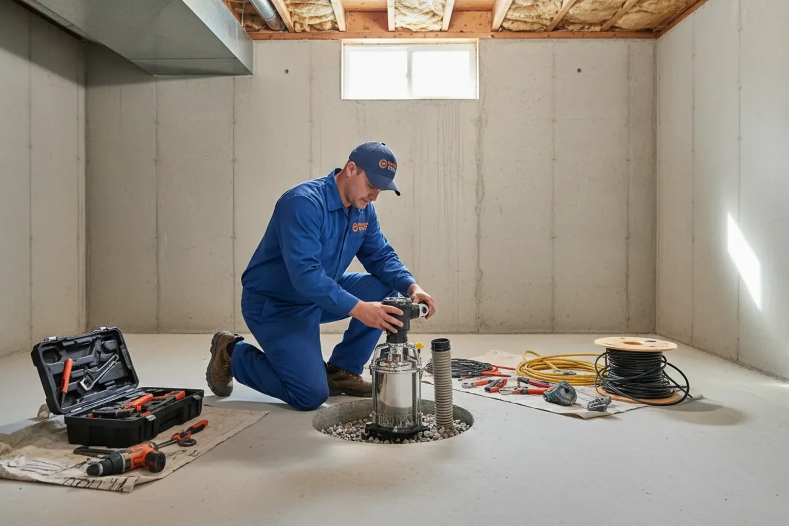 Sump pump installation in a Bloomington, IL basement